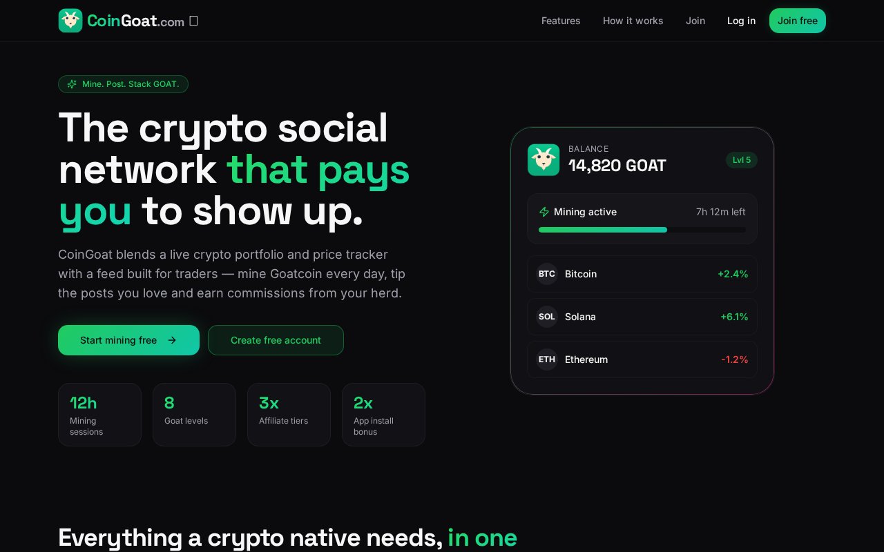 Screenshot of the CoinGoat.com homepage showing crypto portfolio tracking, rank tracking and the Goatcoin mobile mining app